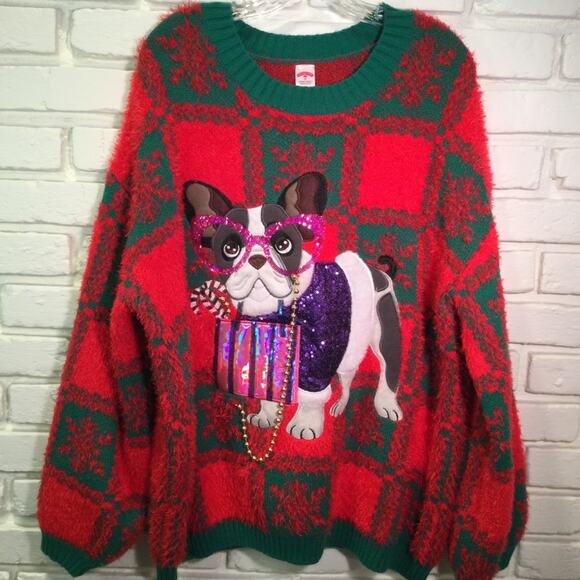 Ugly Christmas Sweater Bulldog Themed 1X/16W/18W - Picture 1 of 5